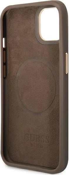 Mbështjellës Guess GUHMP14MU4GPRW për iPhone 14 Plus 6.7", 4G Logo Plate MagSafe, Kafe