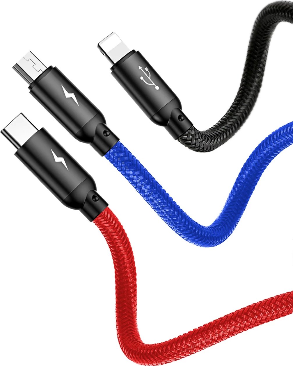 Kabllo 3-në-1 Baseus Three Primary Colors CAMLT-BSY01, 0.3m, USB-A në micro USB/Lightning/USB-C, e zezë, e kuqe, e kaltër