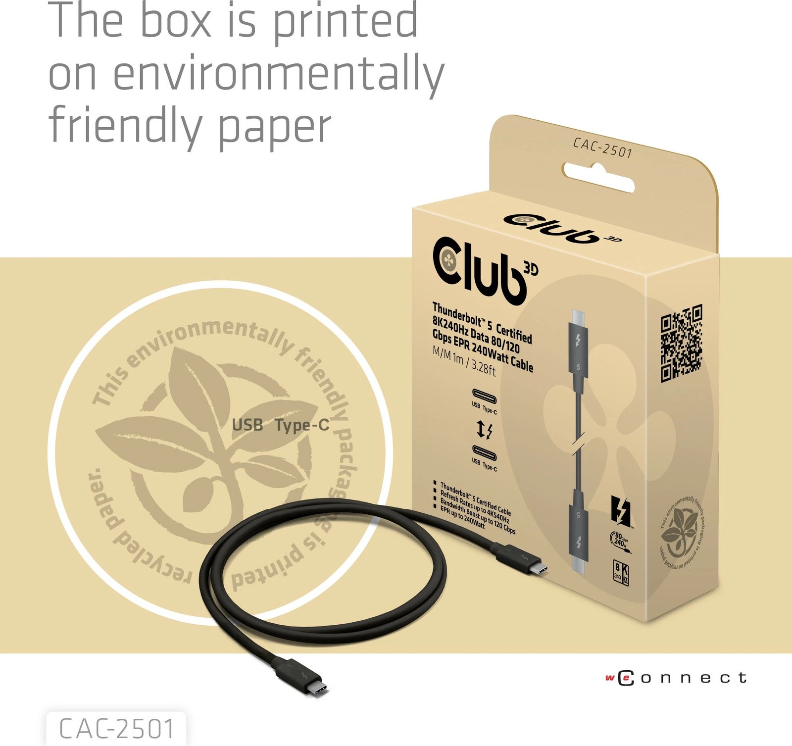 Kabllo Thunderbolt 5 Club3D 1m, 8K240Hz, 80/120Gbps, USB Type-C, e zezë