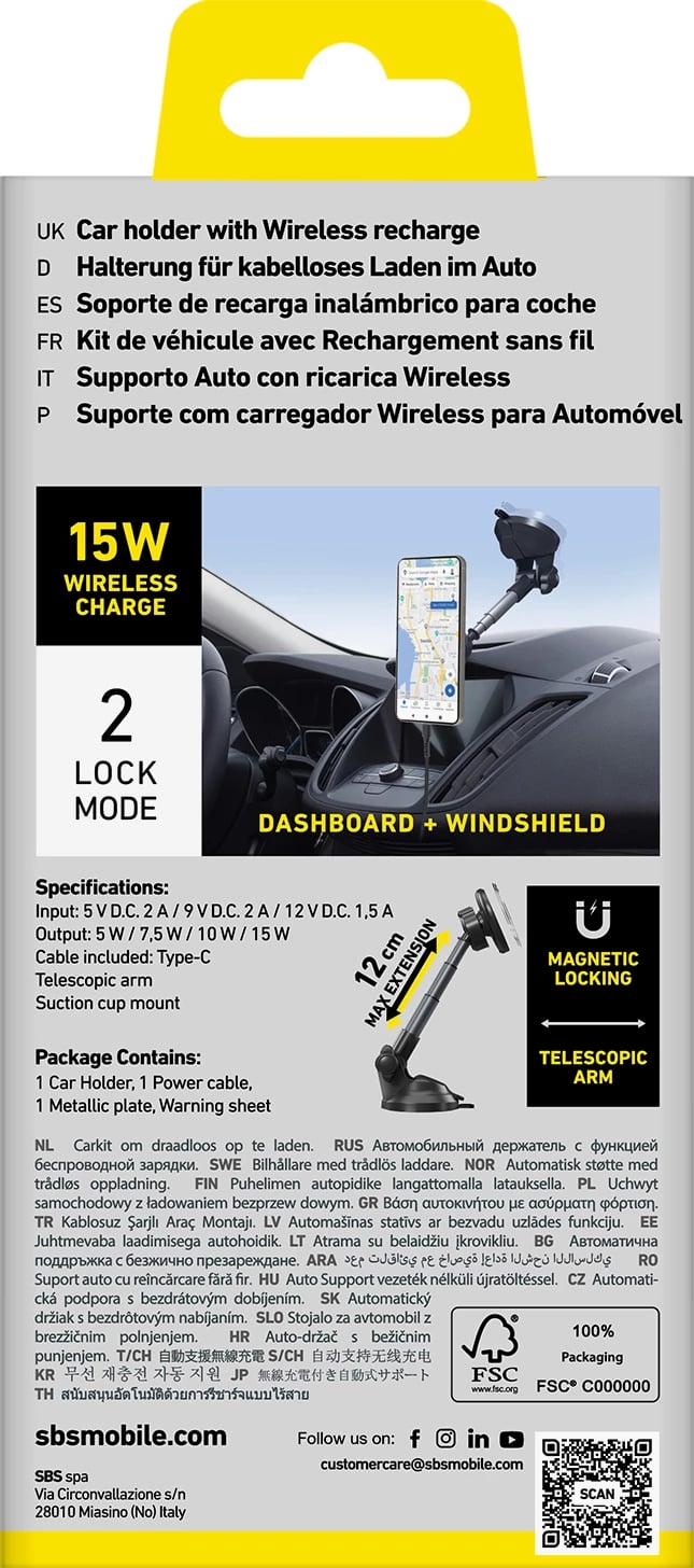 Mbajtës teleskopik me karikues wireless SBS TESUPPMAG15WLONGARM, MagSafe, i zi