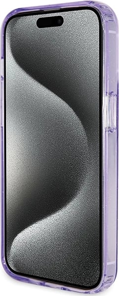 Mbështjellës Guess Ring Stand Script Glitter MagSafe për iPhone 15 Pro, vjollcë