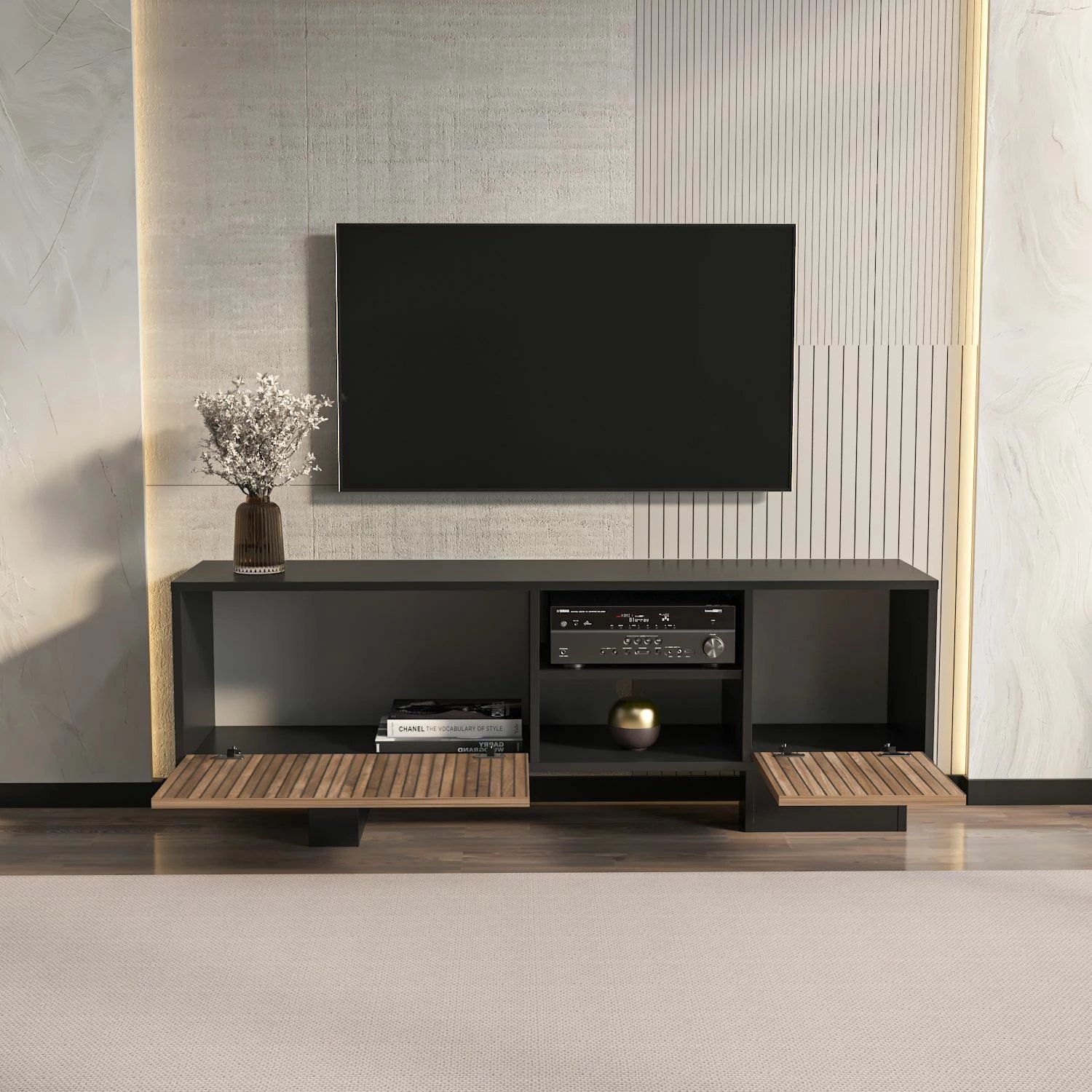 Komodë TV Skye Decor, ngjyrë monako, e zezë dhe kafe