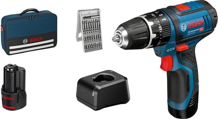 Pistoletë Bosch GSB 12V-15, brushless, 2x bateri 2Ah, 25 sfurqe, zi/kaltër