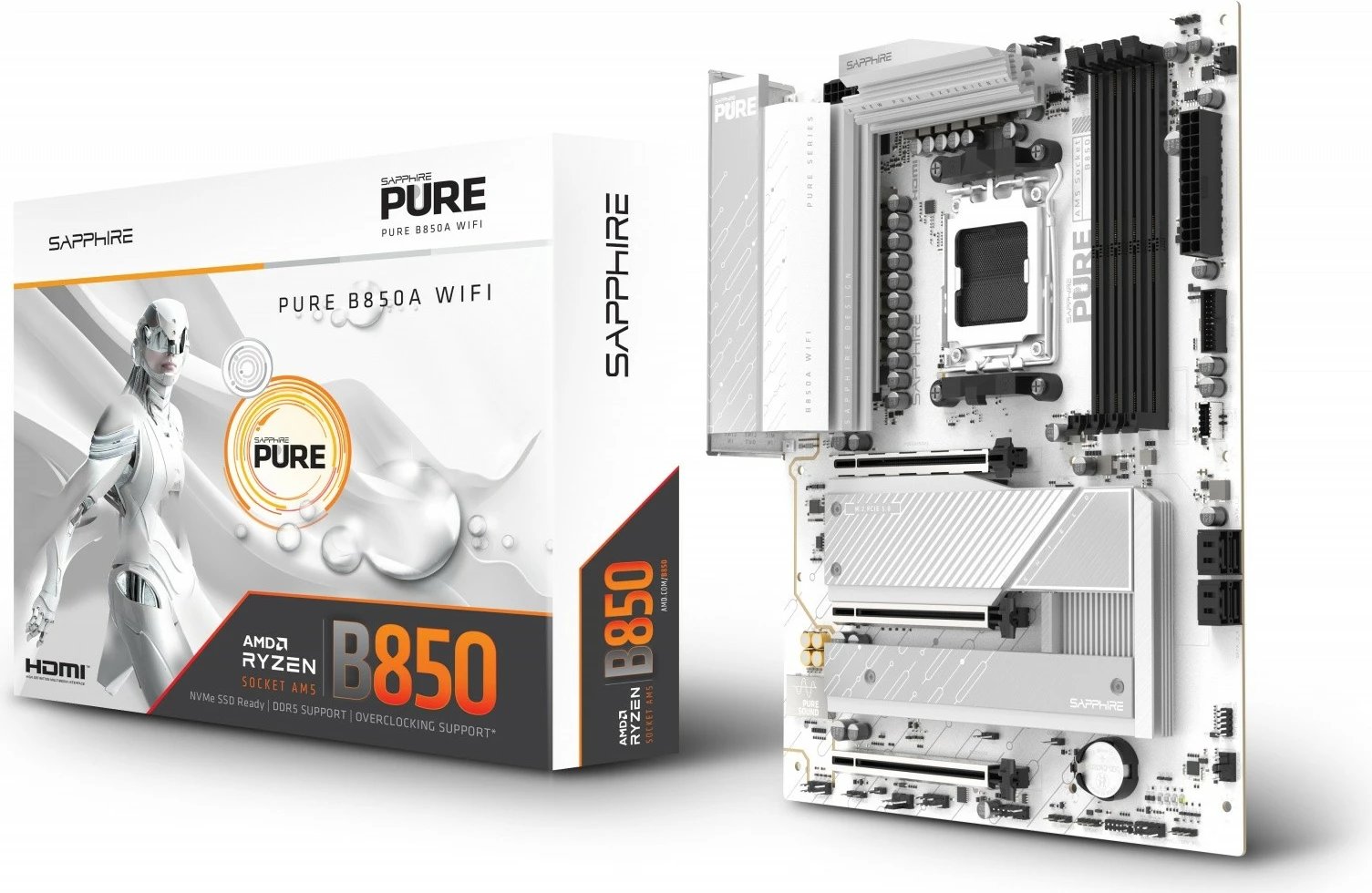 Pllakë amë, Sapphire Technology PURE B850A WIFI 7 52123-11-40G, Socket AM5, chipset AMD B850, DDR5 4 slote, PCIe 5.0 x16, Wi‑Fi 7 & 2.5GbE, e bardhë