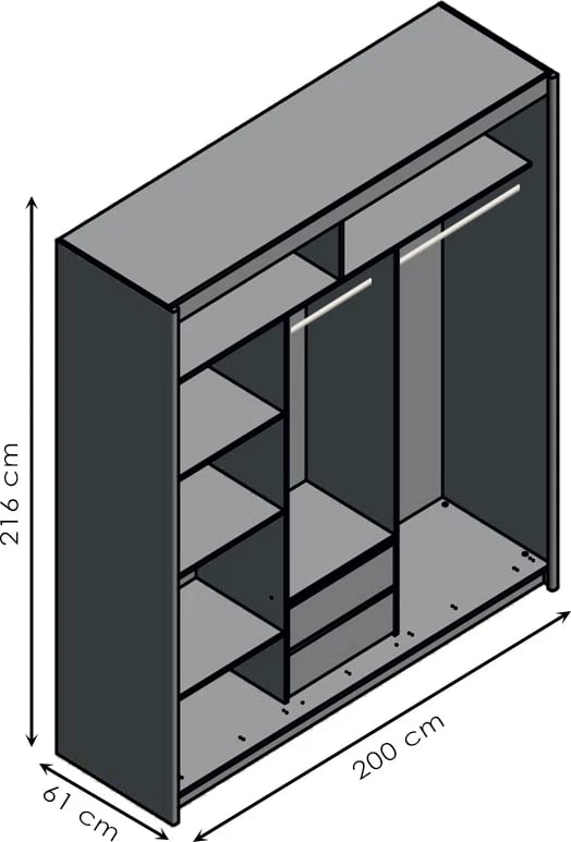Dollap Elodie me 3 dyer rrëshqitëse me pasqyrë, ngjyrë e bardhë, 200x61x216cm
