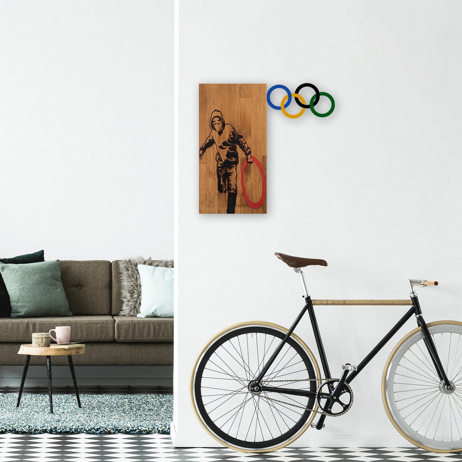 Aksesor dekorativ prej druri për mur, Wallity Banksy - 14, ngjyrë arre, e zezë