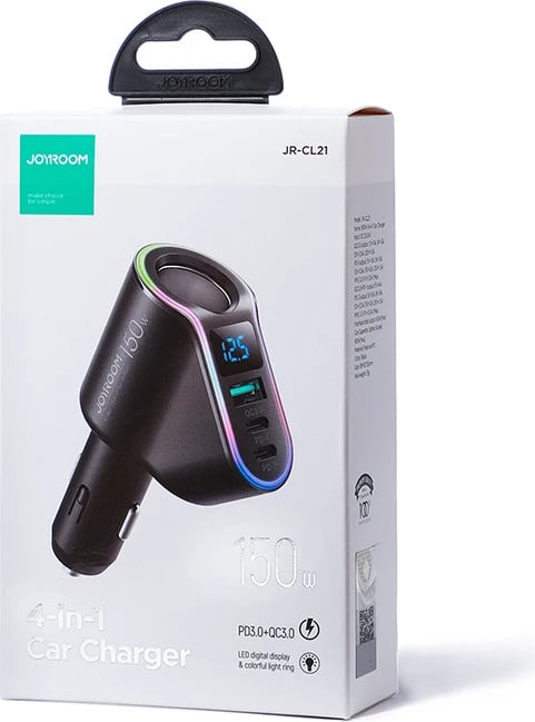 Karikues veture Joyroom JR-CL21, 150W, 3 porta (USB-A QC3.0, 2x USB-C PD3.0), LED, zi