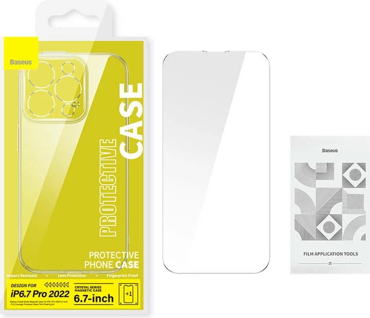 Mbështjellës magnetik Baseus Crystal me xham të temperuar për iPhone 14 Pro Max, transparent