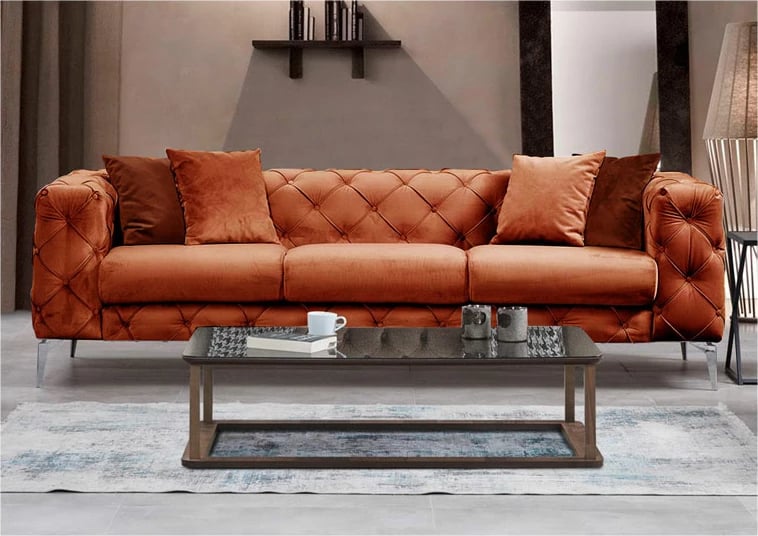 Divan treshe Chesterfield, pëlhurë, ngjyrë pllakë, PWF-0579, 237x90x73 cm