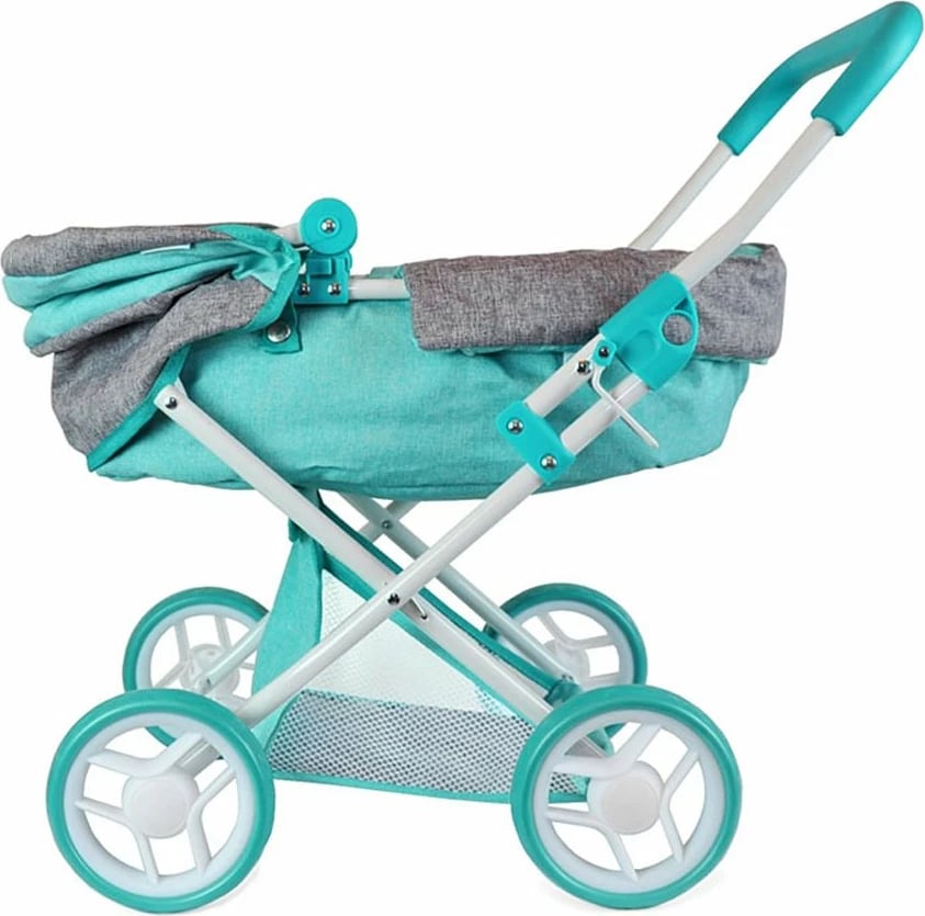 Karrocë për kukulla, Milly Mally, Alice Prestige, e thellë me djep të heqshëm për kukulla deri 40 cm, palosëse 67 cm, turkeze