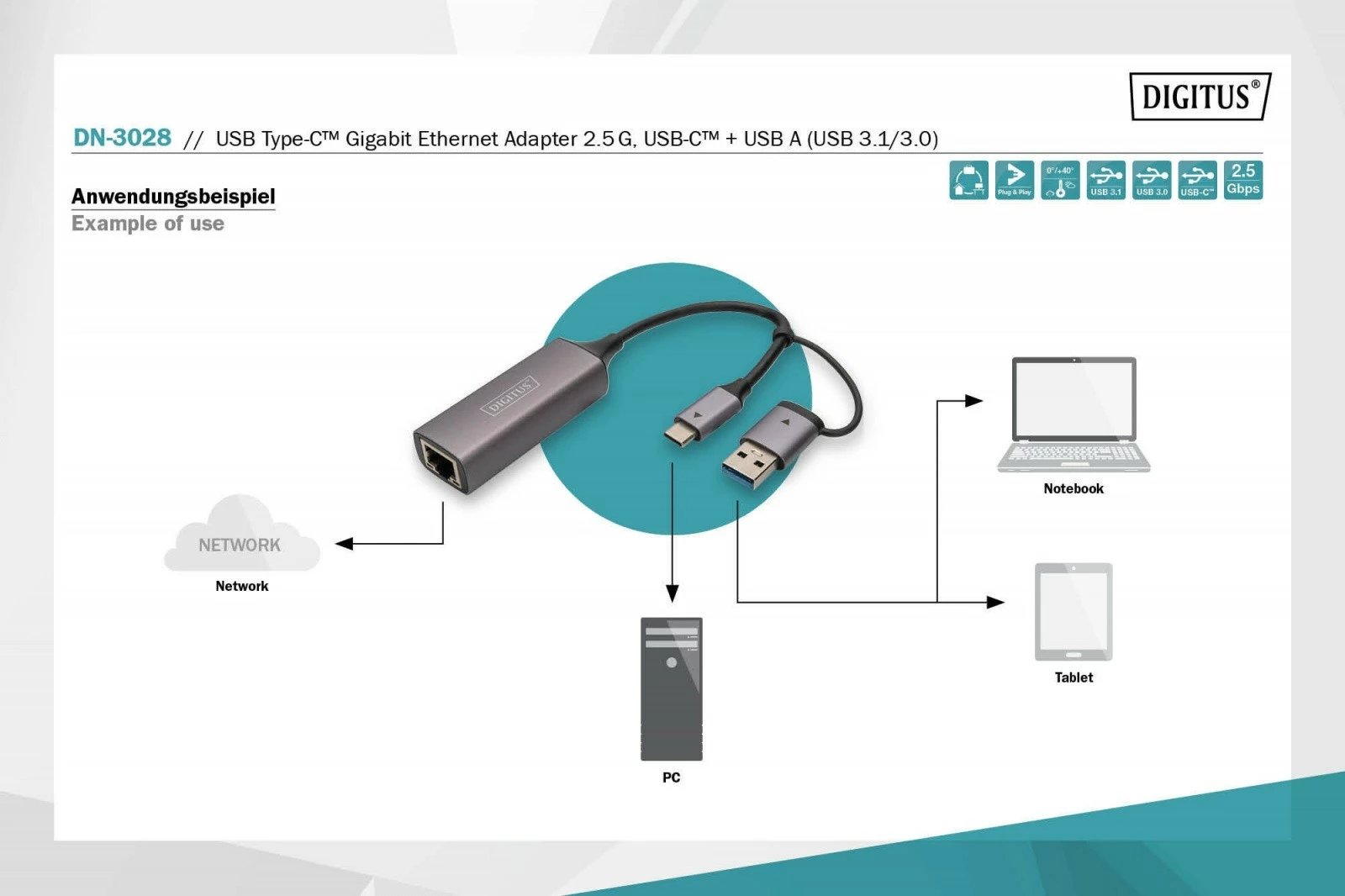 Adapter rrjeti LAN Digitus DN-3028, USB-C + USB-A, 2.5 Gbps, Gri
