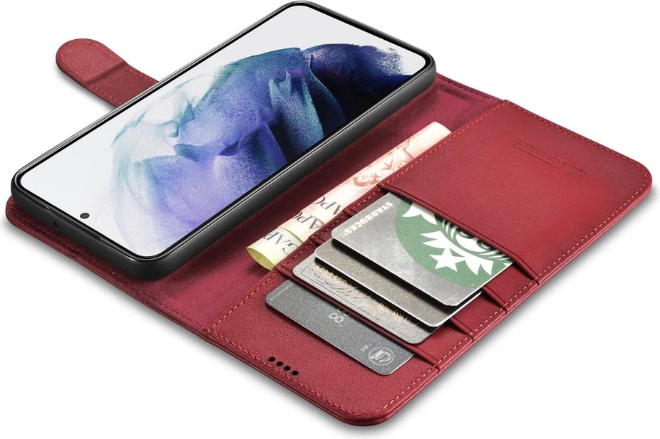 Mbështjellës lëkure iCarer Haitang për Samsung Galaxy S22+, me portofol dhe qëndrim, Kuq