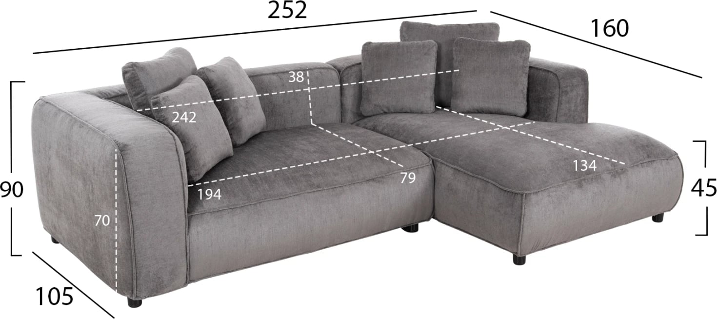 Divan qoshe 3-vendësh GRACE FH3280.03R, pëlhurë gri, 252x105-160x70-90H cm