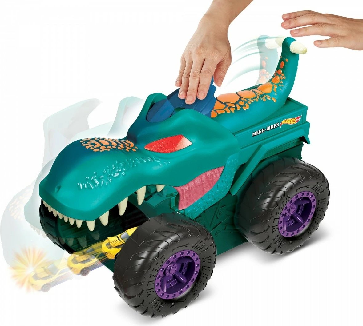 Lodër Hot Wheels Mega Wrex Car Eater Vehicle, me efekte zanore dhe dritash, për fëmijë, Set me makinë metalike, Ngjyrë kaltër/portokalli