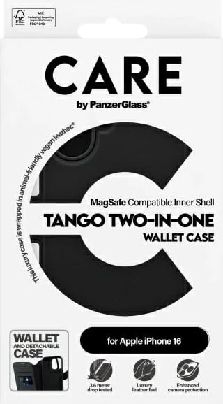 Mbështjellës PanzerGlass CARE Tango 2in1 Wallet për iPhone 16, MagSafe, Zi