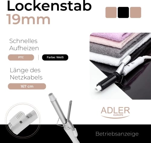 Figaro për flokë, Adler, AD 2105, 19mm, qeramikë, 25W, PTC ngrohje e shpejtë, me furçë, e bardhë/argjend