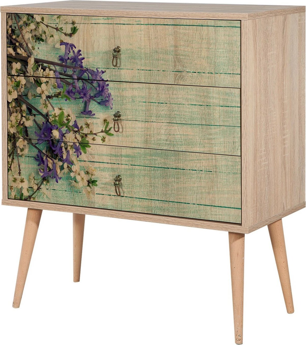 Komodë Hanah Home, Trio - 727, ngjyrë sonoma oak, dizajn me lule, 80x90x40 cm