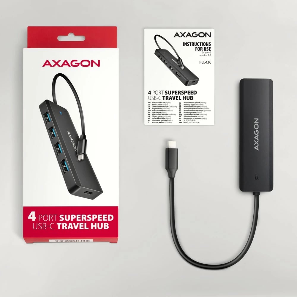 Hub USB AXAGON HUE-C1C, 4 porta, USB 5Gbps, kabllo Type-C 19cm, furnizim shtesë me USB-C, i zi
