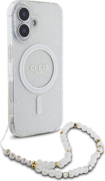 Mbështjellës Guess IML Glitter me rrip perlash MagSafe për iPhone 16 Plus, Transparent