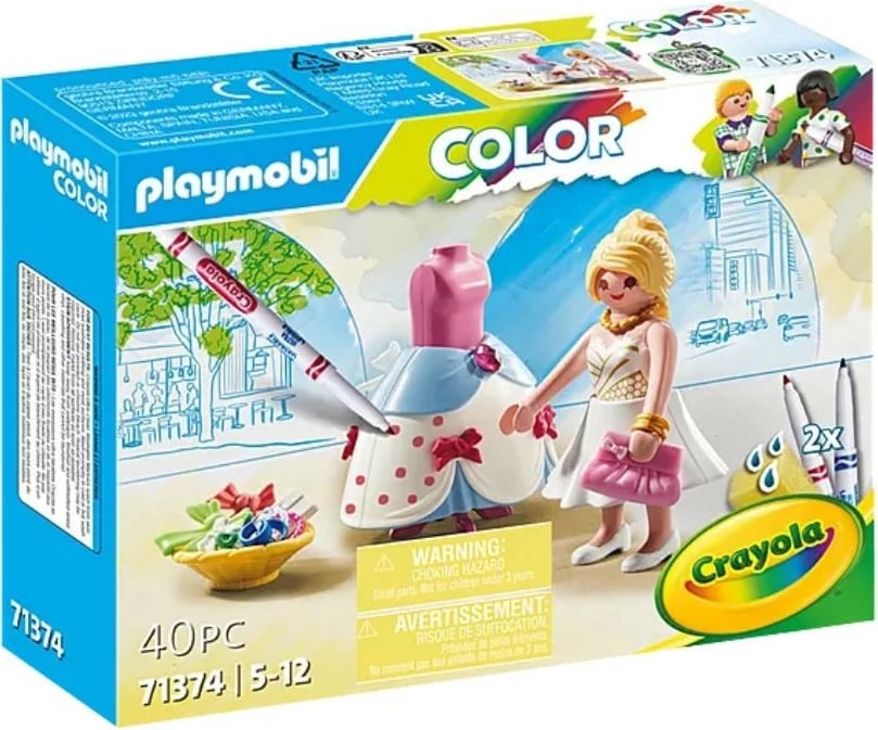 Set lodër Playmobil Color Fashion Dress 71374 me 40 pjesë, për fëmijë, me dy markera Crayola