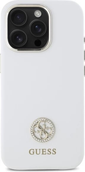 Mbështjellës Guess Silicone Logo Strass 4G për iPhone 16 Pro, Bardhë