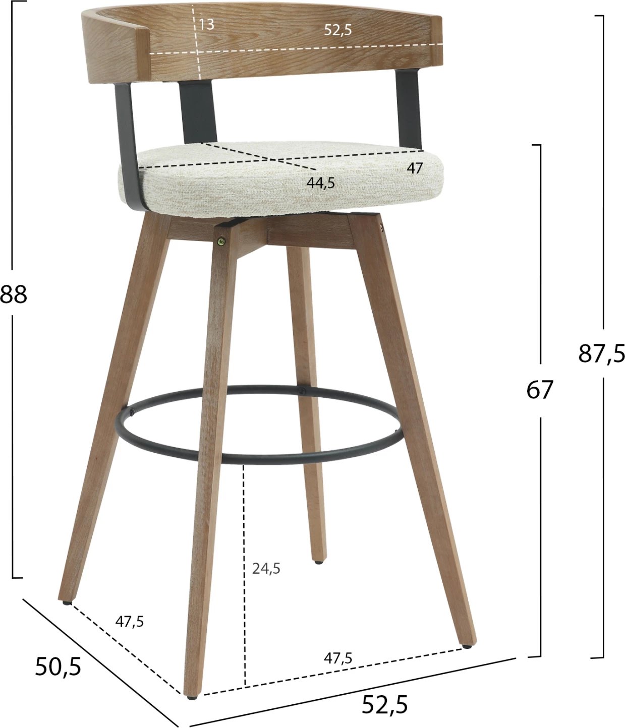 Karrige për bar, lartësi mesatare, rrotulluese, LANI FH9988.01, këmbë druri ahu, shpinë kompensatë, ndenjëse pëlhure ecru, 52,5x50.5x88H cm, set prej 2 copash