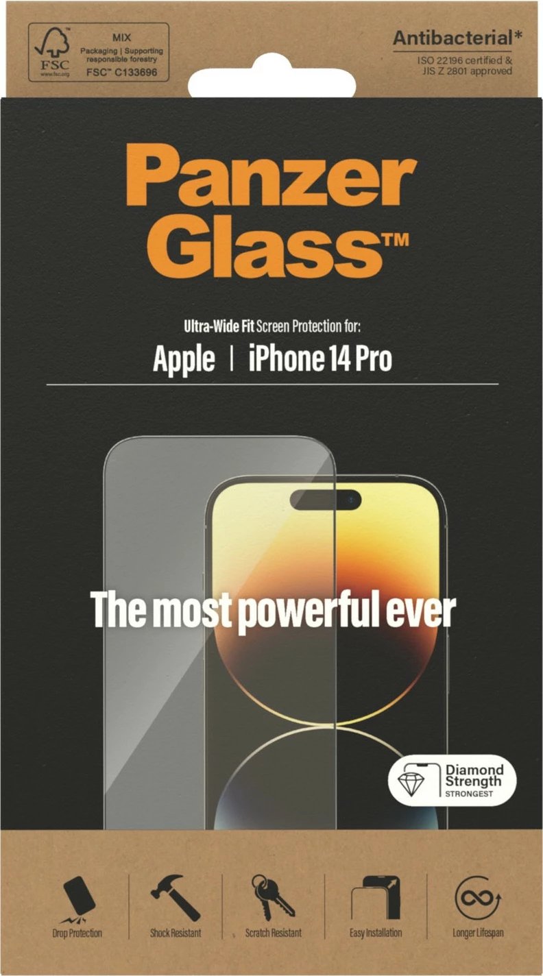 Mbrojtës ekrani PanzerGlass për iPhone 14 Pro, Ultra-Wide Fit, transparent