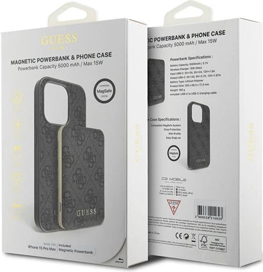 Mbështjellës Guess 4G Metal Logo me powerbank MagSafe 5000mAh për iPhone 15 Pro Max, Zi, Set
