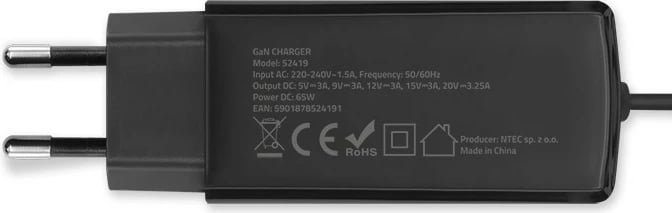 Karikues muri Qoltec 65W GaN, USB-C 3.1, i zi