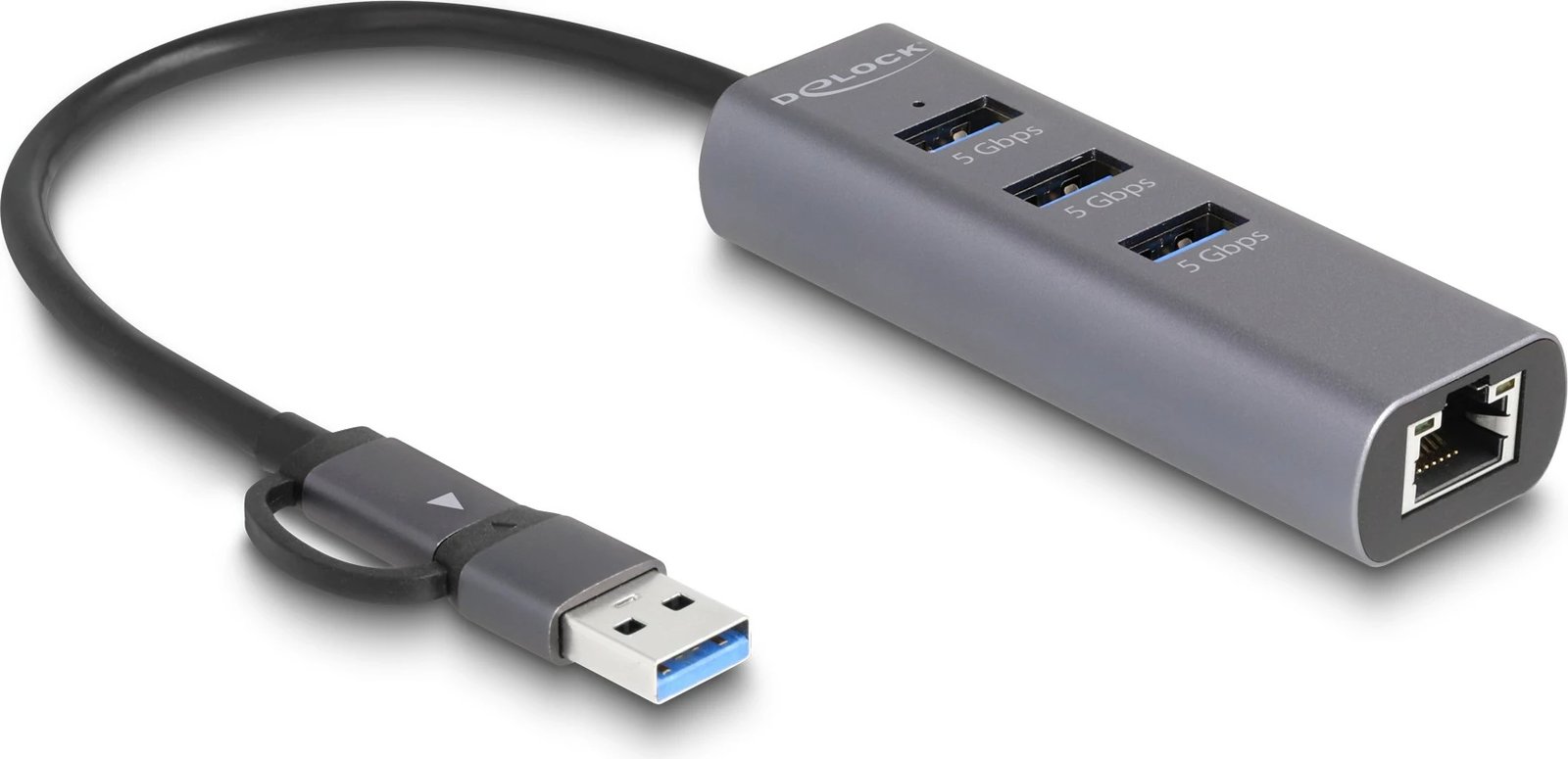 USB hub me 3 porta + LAN DeLOCK, USB 3.2 Gen 1, Type-C/Type-A, 5 Gbps, metalik, gri