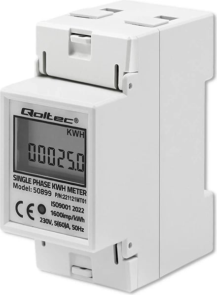 Qoltec 50899 Matësi elektronik njëfazor i konsumit të energjisë | 230 V | LCD | 2P | Hekurudhor DIN