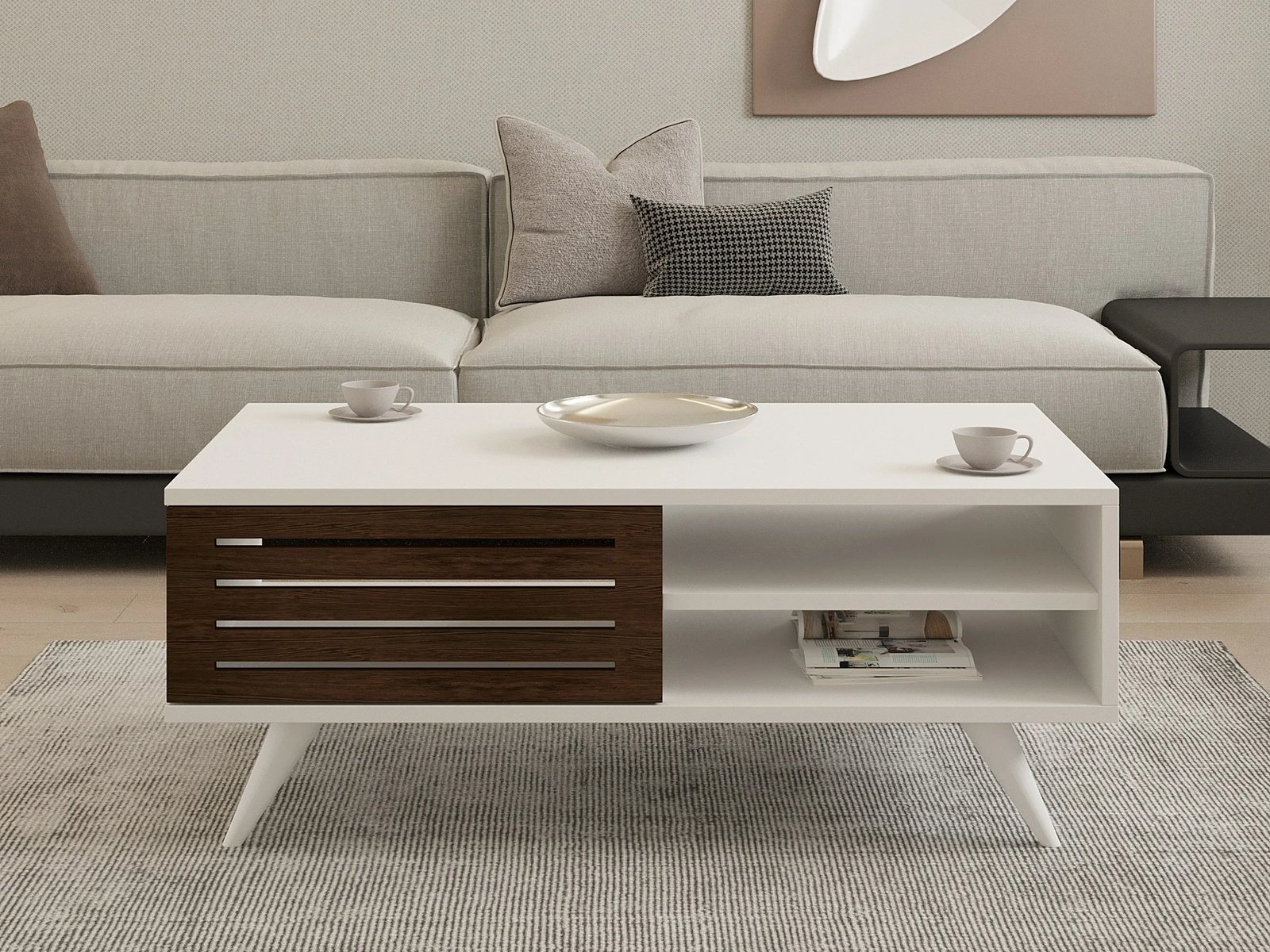 Tavolinë kafeje dy-katëshe, ngjyrë arrë dhe e bardhë, Skye Decor, Grande