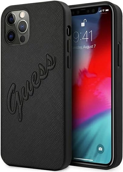 Mbështjellës Guess Saffiano Vintage Script për iPhone 12 Pro Max 6.7", Zi
