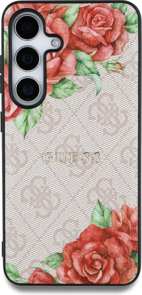 Mbështjellës Guess Leather 4G Flowers Print Metal Classic Logo MagSafe për Samsung Galaxy S25, Rozë