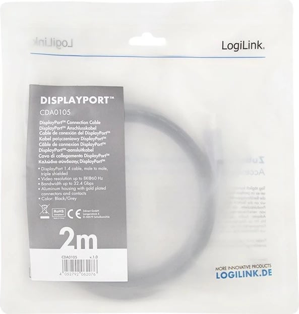 Kabllo DisplayPort LogiLink CDA0105, 2m, 8K/60Hz, e zezë/gri