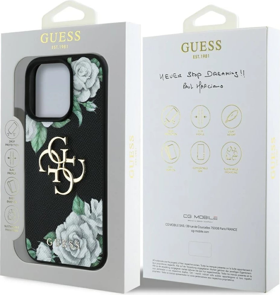 Mbështjellës Guess Grained Roses Big 4G logo për iPhone 16 Pro Max, i zi Mbështjellës Guess Grained Roses Big 4G logo për iPhone 16 Pro Max, i zi