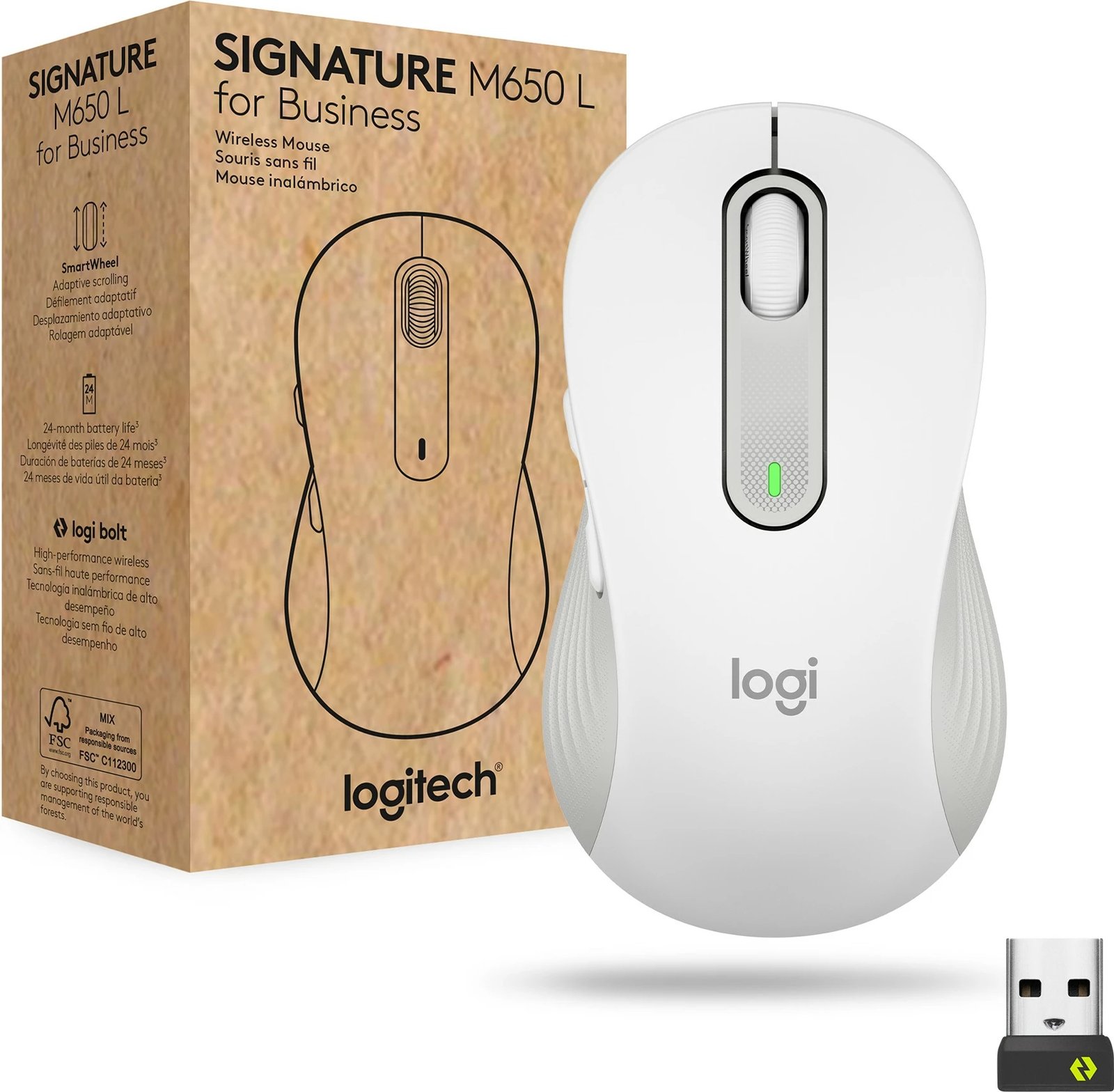 Maus Logitech Signature M650 L, Wireless, 4000 DPI, Bardhë