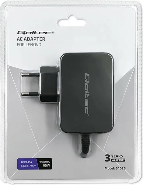 Adapter rryme Qoltec për Lenovo, 65W, 20V, 3.25A, 4.0x1.7mm, i zi