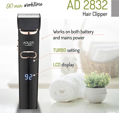 Makinë qethëse Adler AD 2832, teh qeramik/çelik, pa/kabllo, LCD, 1.5 orë punë, turbo, 4 krehra 3–12 mm, e zezë