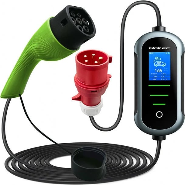 Karikues mobil/Wallbox për automjet elektrik, Qoltec 52437, Type 2 22kW 400V 3‑fazë 32A Wi‑Fi TUYA SMART LIFE LCD kabllo 7m IP65, zi/gjelbër, set me aksesorë