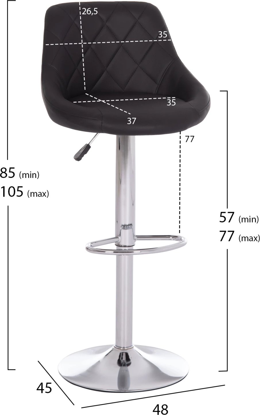 Karrige për bar ROSE, bazë dhe sustë kromi, lëkurë PU e zezë, 48x45x105cm, set prej 2 copash