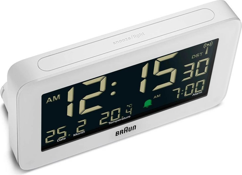 Alarm digjital Braun BC10, ekran LCD, termometër, orar 12/24h, bardhë Alarm digjital Braun BC10, ekran LCD, termometër, orar 12/24h, bardhë