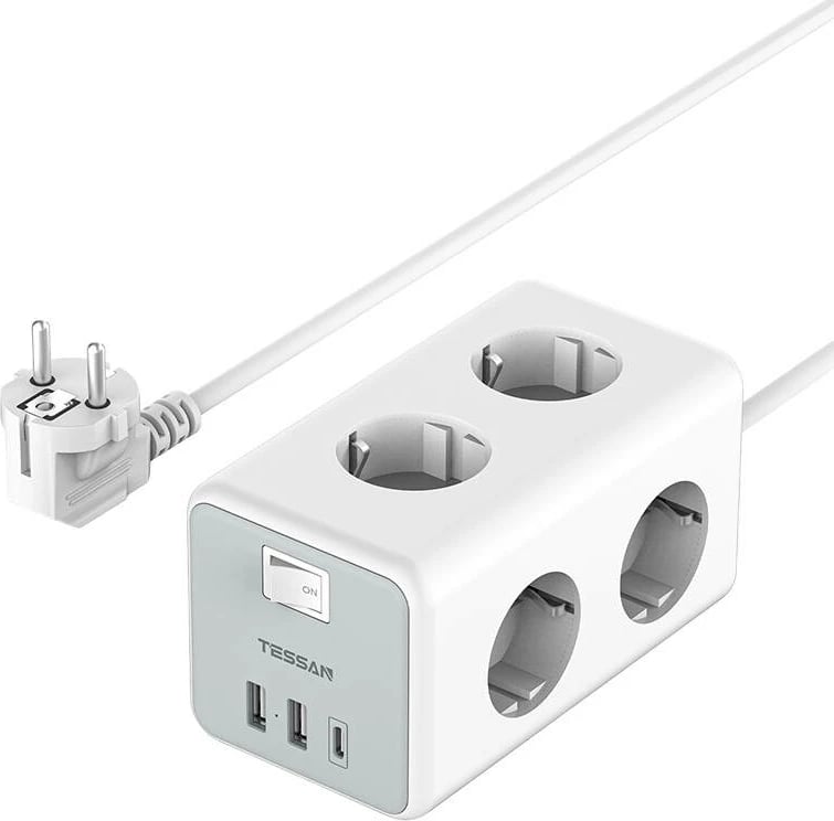 Prizë elektrike Tessan TS-306-C me 6 dalje AC, 2 USB-A, 1 USB-C, 2m, Bardhë