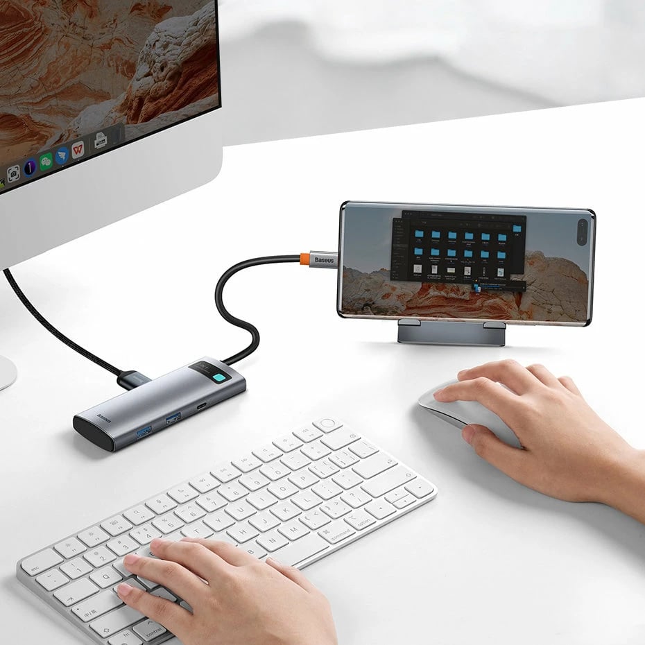 Kasë USB HUB Baseus Metal Gleam Series 7in1, USB-C, HDMI, TF, PD, Gri