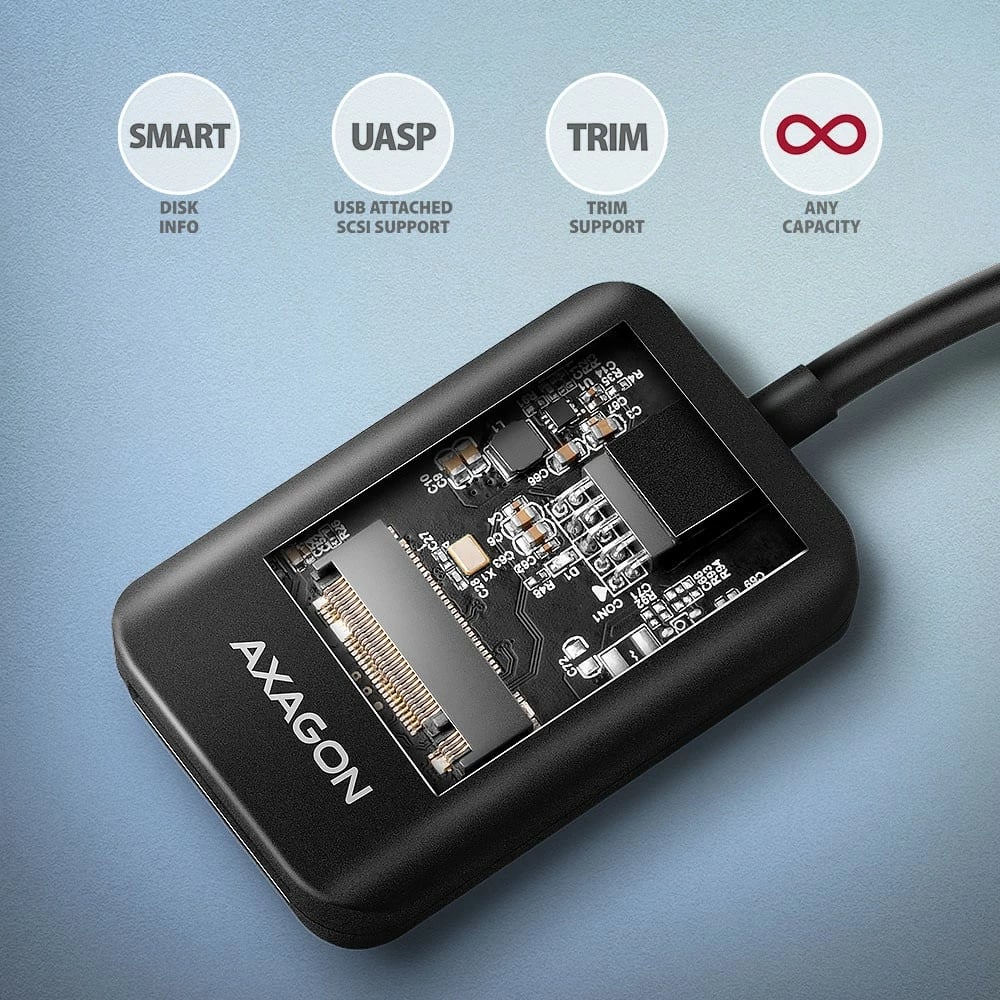 Kasë AXAGON ADM2-CM për SSD M.2 NVMe/SATA, USB 3.2 Gen 2, 10cm kabllo, e zezë
