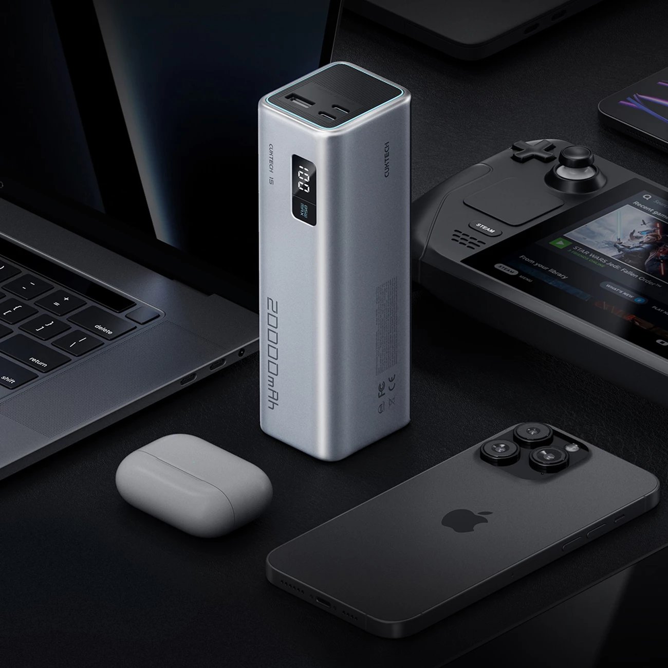 Powerbank Cuktech CUKP200XGLGR, 20000mAh, 100W, 2x USB-C, 1x USB-A, Gri