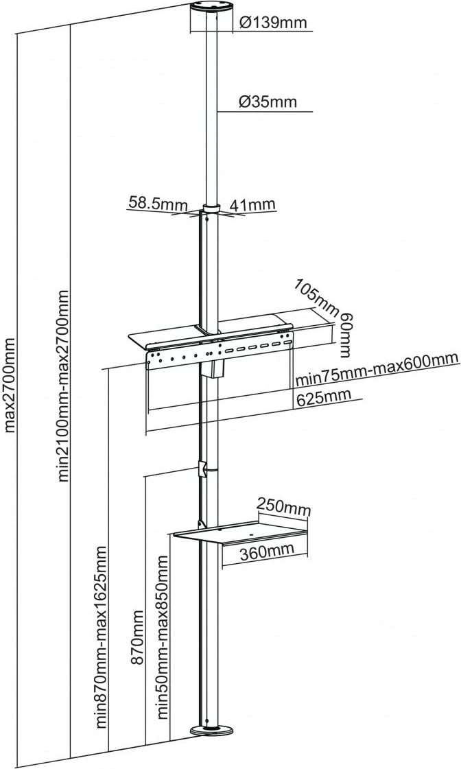 Mbajtës tavan-dysheme Maclean MC-791N për TV/monitor, 37-70", metal, argjend