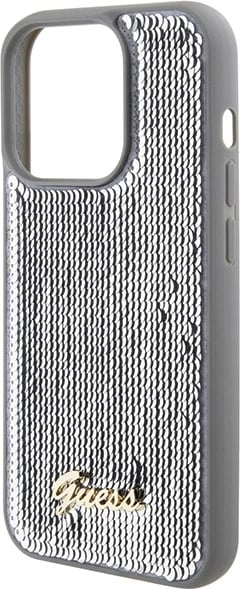 Mbështjellës Guess Sequin Script Metal për iPhone 15 Pro, argjendtë Mbështjellës Guess Sequin Script Metal për iPhone 15 Pro, argjendtë