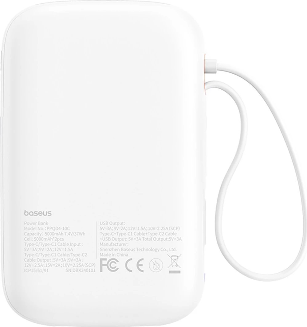 Power bank Baseus QPow 2, 10000mAh, 30W, me kabllo USB-C të integruar, Bardhë