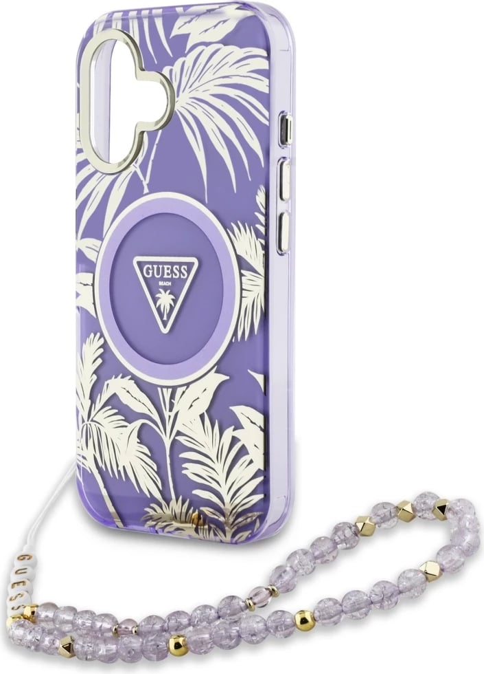 Mbështjellës Guess Palm Trees Triangle Pearl Strap MagSafe për iPhone 16, Vjollcë